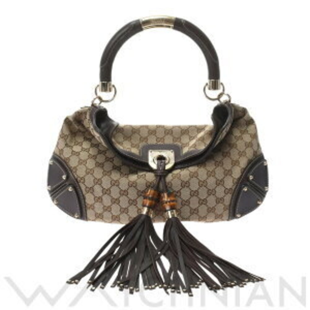 Gucci Bamboo Handbag Beige Ebony Brown Leather GG Canvas Bag - Picture 1 of 9